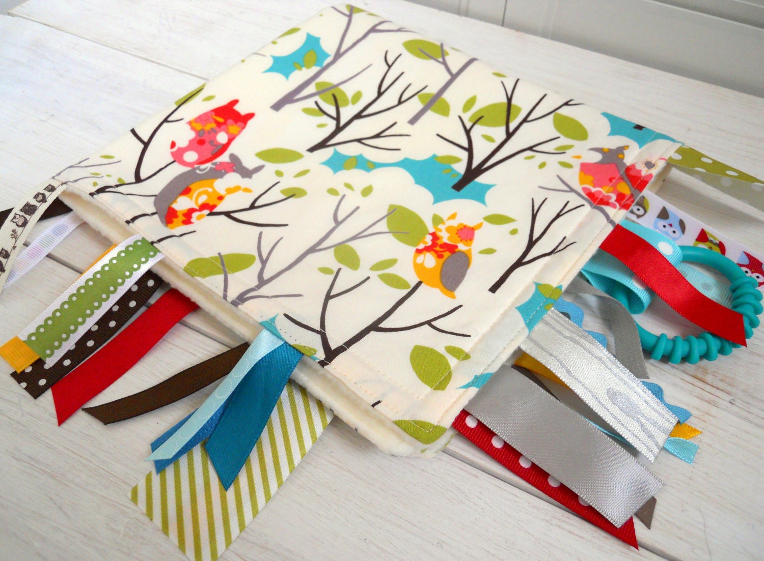 Ribbon Lovey - Fleece Baby Tag Blanket - Owls in Treetops