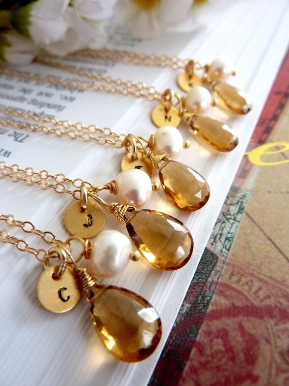 CUSTOM INITIAL AND STONE - AAA GOLDEN CITRINE CUSTOM INITIAL GOLD DISC PEARL in 14k Gold Filled Chain Necklace