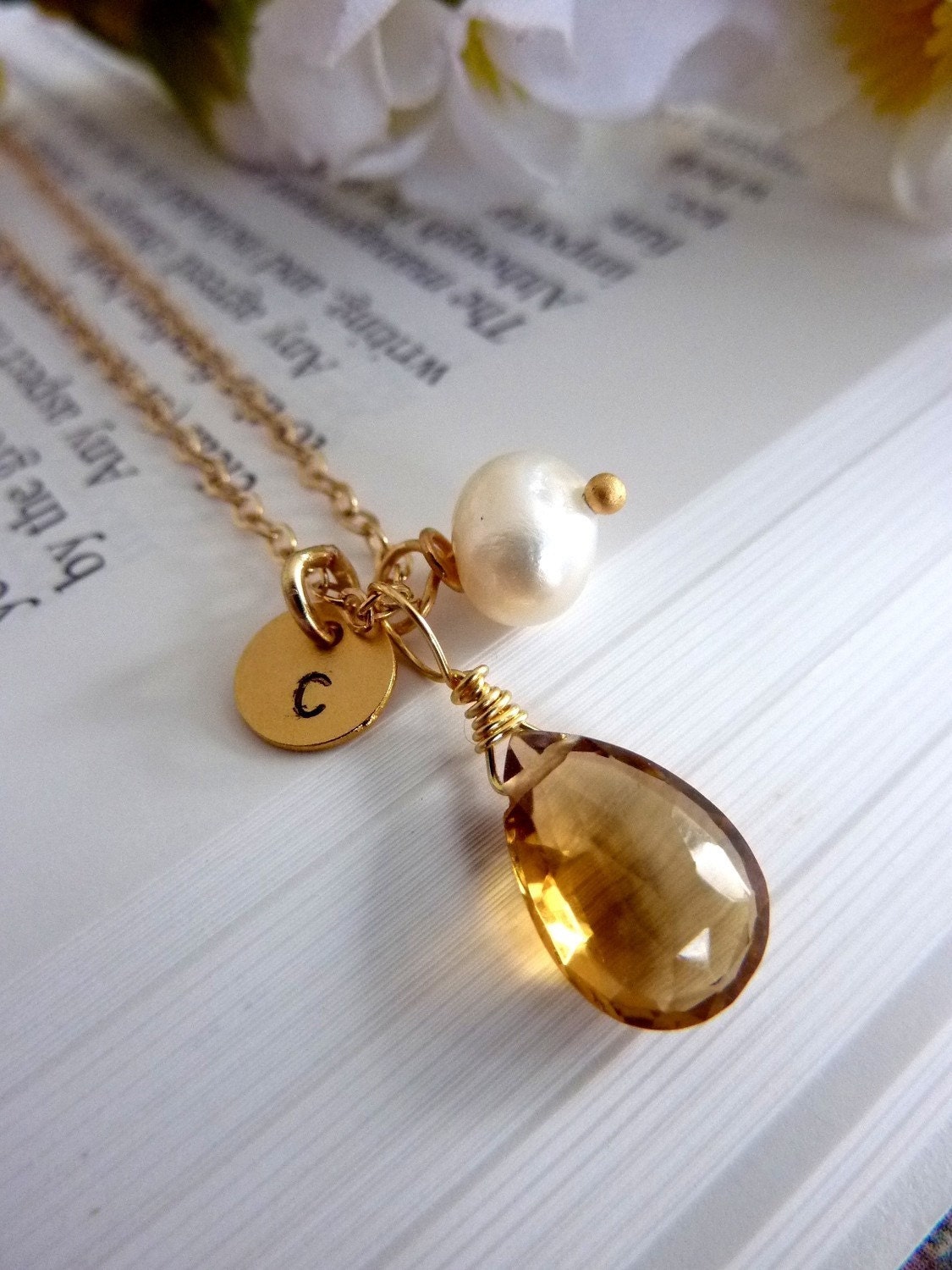 CUSTOM INITIAL AND STONE - AAA GOLDEN CITRINE CUSTOM INITIAL GOLD DISC PEARL in 14k Gold Filled Chain Necklace