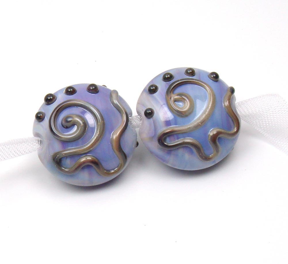 Handmade lampwork beads  -  Dusky Trails  -  violet, purple, scrollwork, lentil beads, earring pair