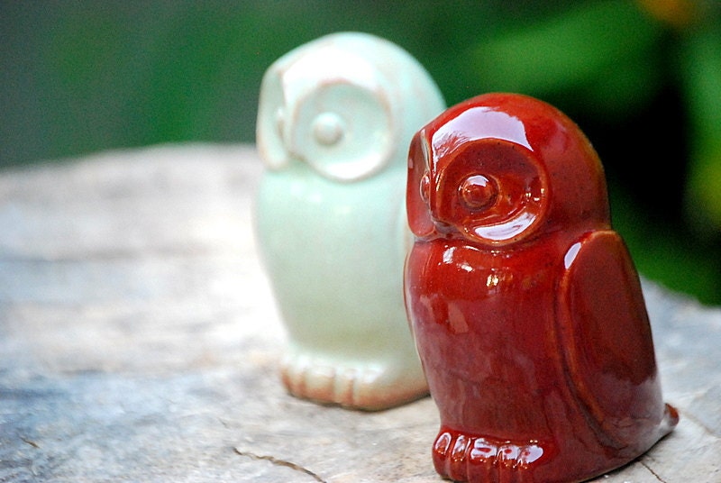ceramic Owl  home decor in firebrick  red handmade pottery