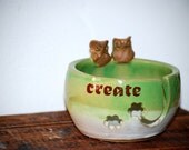 Yarn Bowl, knitting bowl, large,spring green, owls  handmade ceramic pottery create