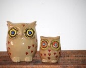 mother and daughter owls home decor with hearts  handmade pottery
