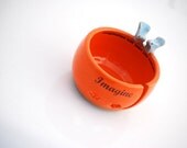 Yarn bowl knitting bowl ceramic  Tangerine orange  with kissing birds.