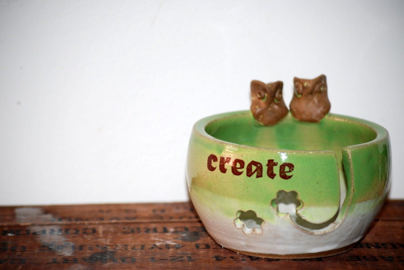 Yarn Bowl, knitting bowl, large,spring green, owls handmade ceramic pottery create
