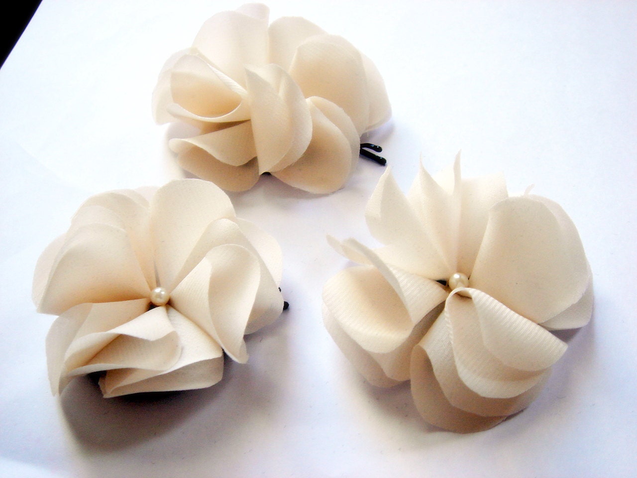Ivory White or Pink Peach Chiffon Wedding Flower Hair Pins Best Seller of 2011 and 2012 Set of 3 WAS 18 NOW 9