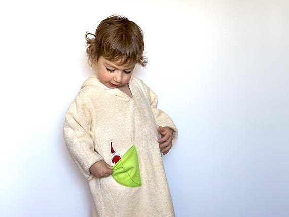 Ecofriendly Hooded Bathrobe, Red Garden Pixie (GOTS Certified organic cotton) Spring Clothing, Organic Robe for boys & girls, gift under 100