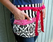 Utility Apron in Black Damask on Cream w/ Six Pockets in Hot Magenta Pink Modern Dots for Vendors, Crafting, Teachers, Teacher Gift, Wedding