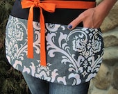 Utility Apron with Pockets in Smoke Gray Damask and Pumpkin Ties, Entertaining, Craft Shows or the Classroom