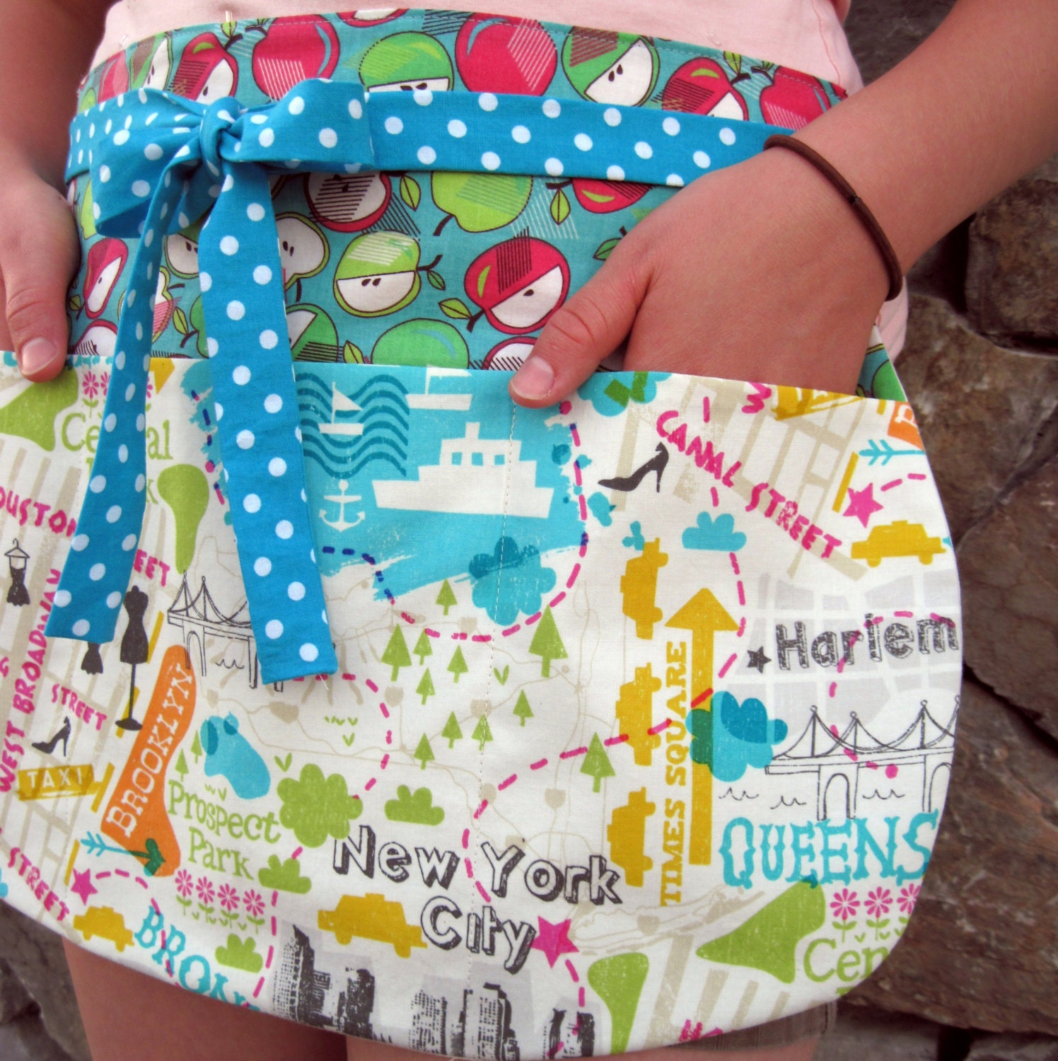 Craft Show-Teacher Apron, Travel Lovers Apron - New York City Map Apron w/ Turquoise Polka Dot Ties - Vendor Apron, Last One