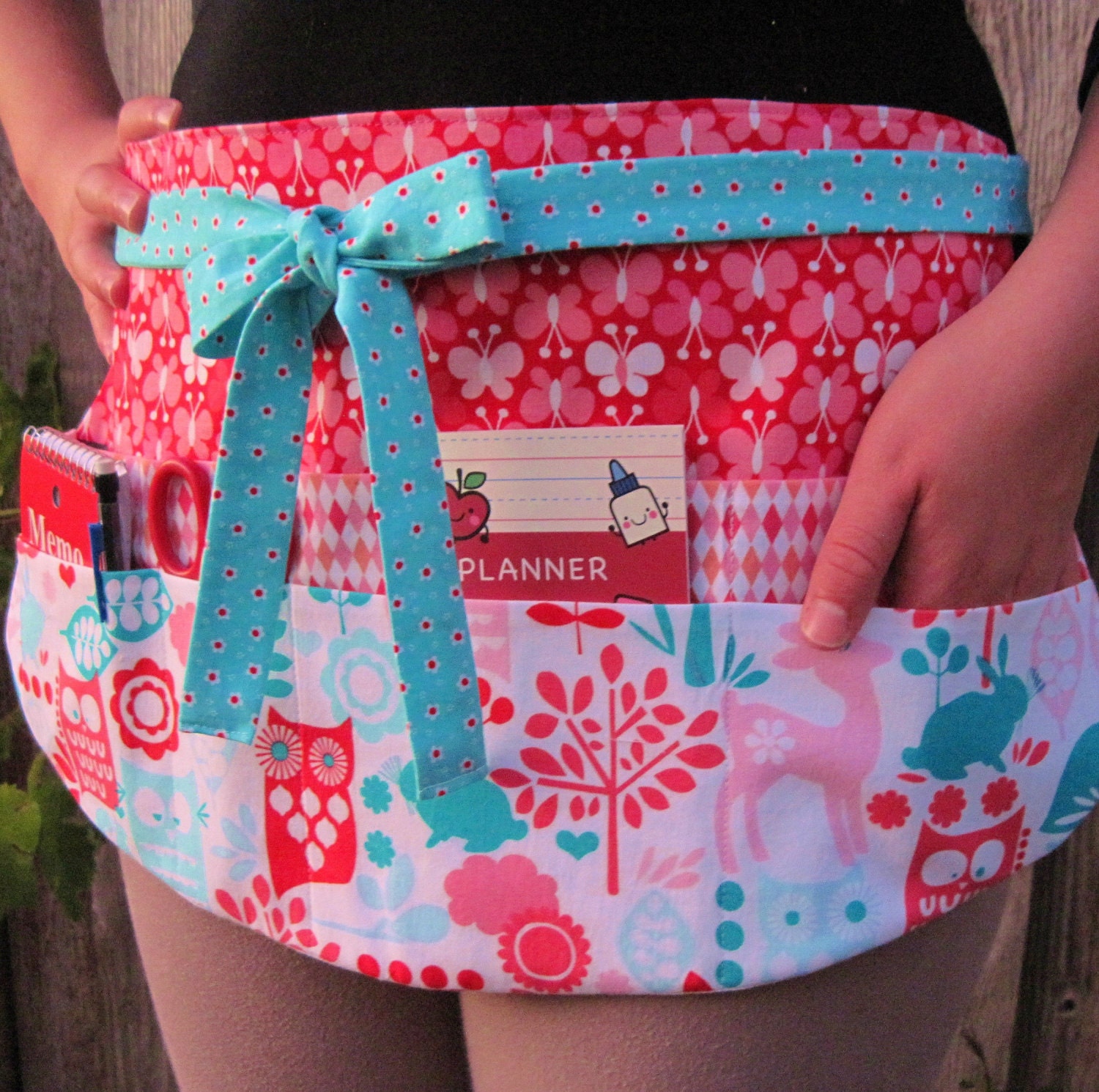 Teacher Utility Apron Owls and Butterflies Eight Pocket Utility Apron in Red, Pink and Aqua Classroom Elementary Preschool