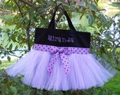 Embroidered Dance Bag - Black Bag with Lavender Tulle and Lavender Polka Dot Ribbon Tutu Tote Bag - TB239 - D