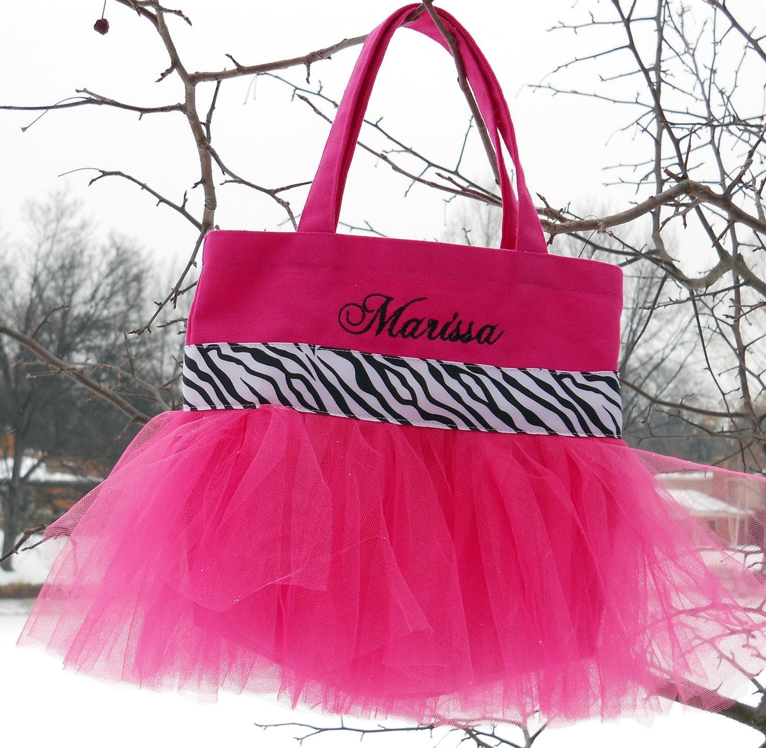 Embroidered dance bag - Hot Pink  Bag with black and white  Zebra Ribbon Tutu Tote Bag - TB987