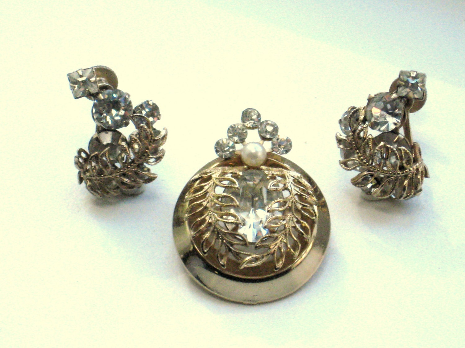Vintage Brooch and Earrings Married Set Rhinestone Jewelry