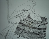 Mama Bird with Babies Original Illustration