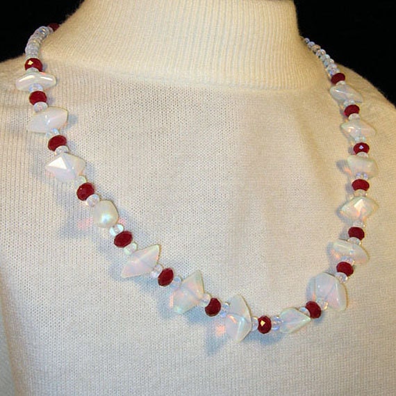 Handmade Gemstone Jewelry, Opalite and Ruby Red Crystal Necklace, Mother's Day