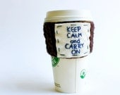 Travel mug cozy coffee tea Keep Calm and Carry On blue purple crochet handmade cover