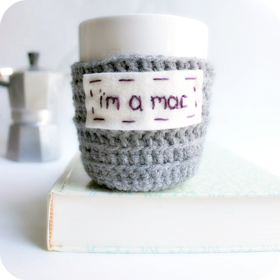 Mac funny coffee mug cozy tea cup gray crochet handmade cover