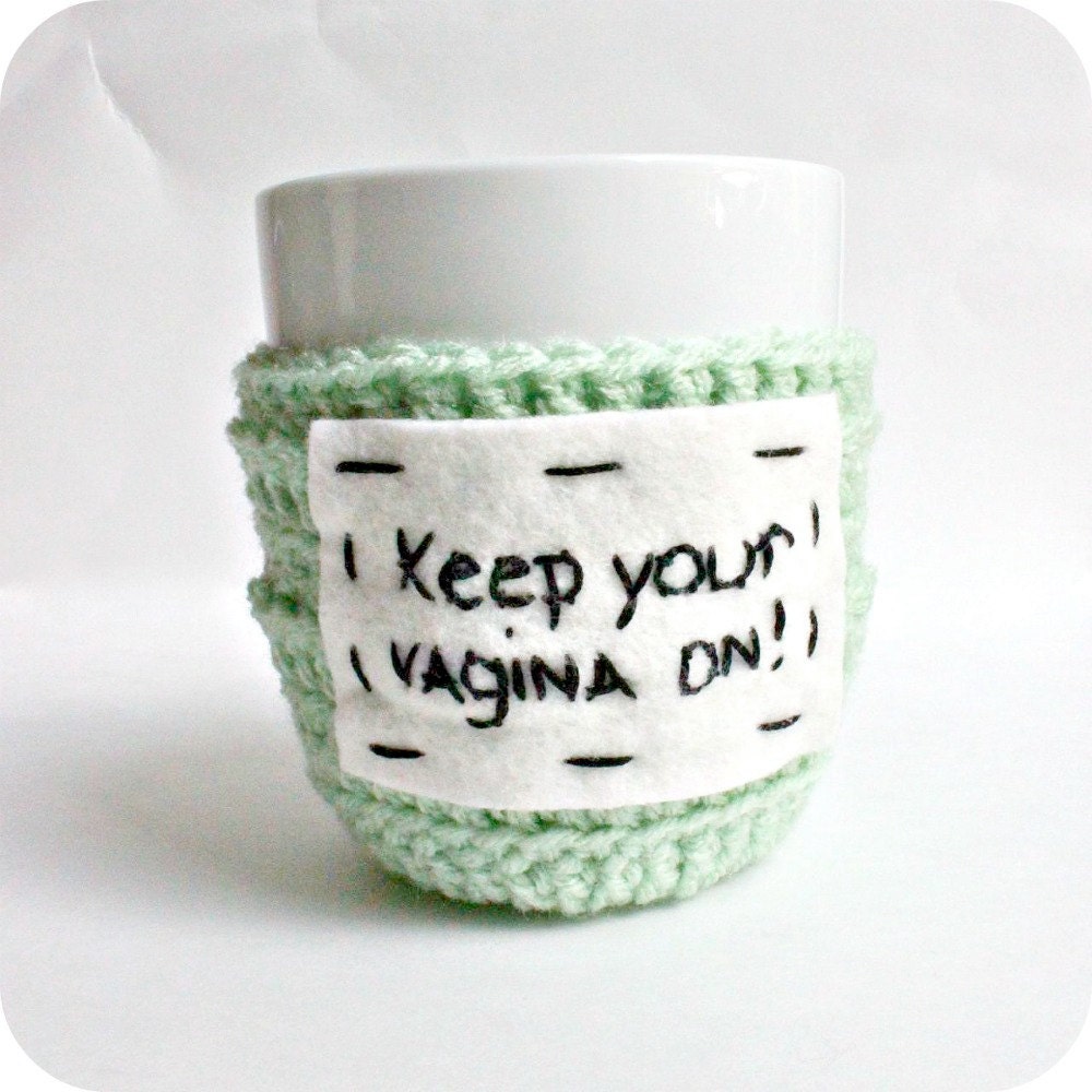 Funny Coffee Cozy Tea Cup Mug mint green black white crochet handmade cover