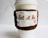 Travel Mug coffee tea cozy let it be heart brown pink crochet handmade to go cup cover