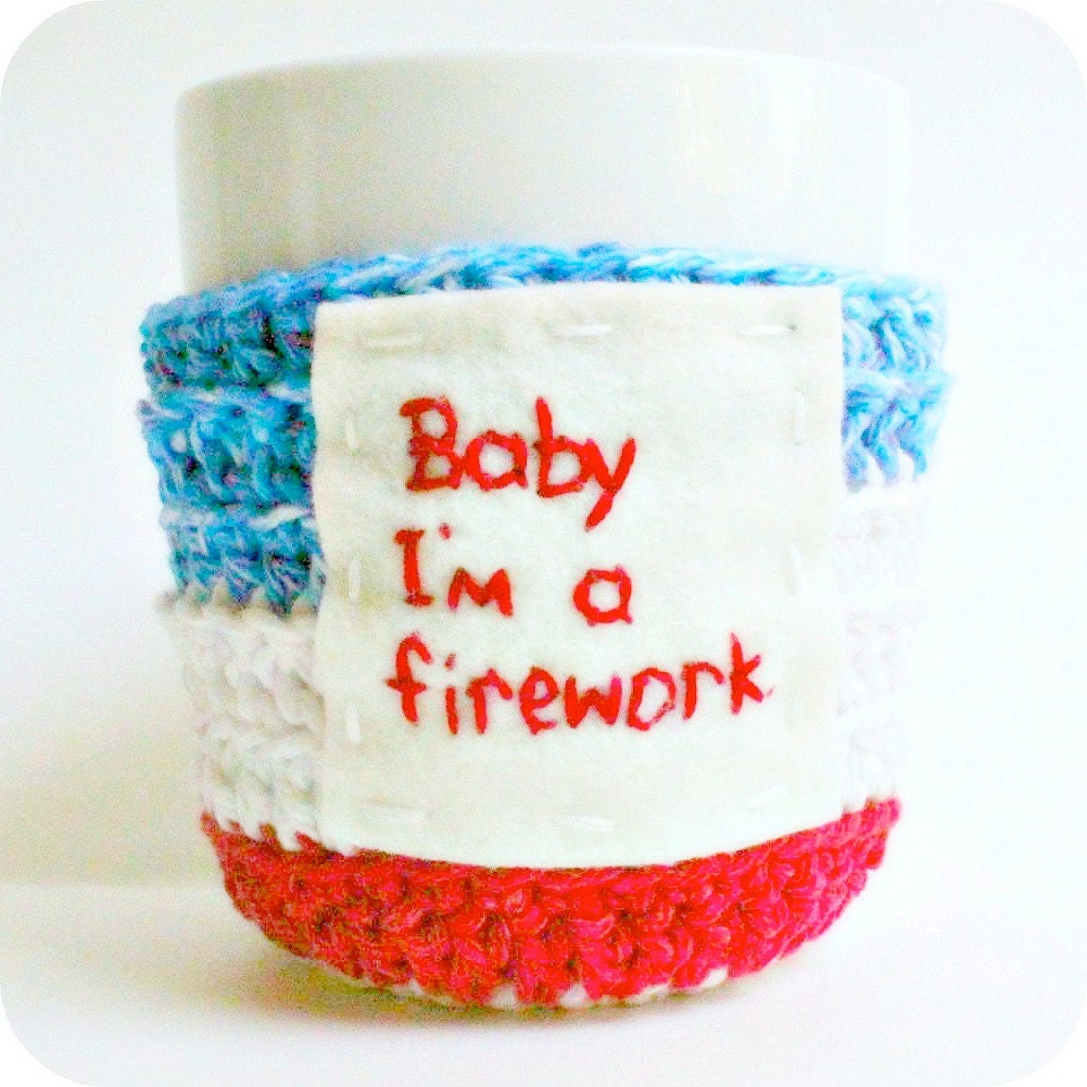 Funny coffee mug tea cup cozy red white blue crochet 4th of July fireworks cover