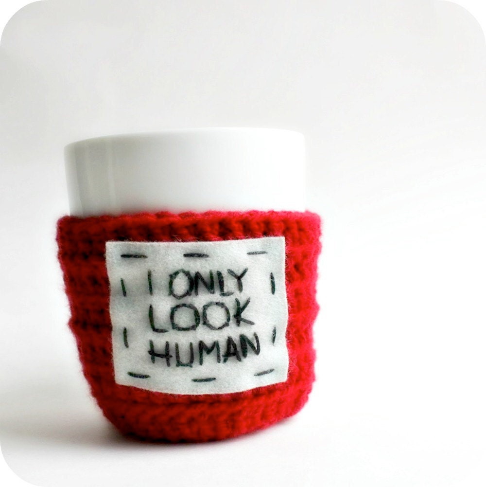 Human funny coffee mug tea cup cozy red black gray crochet handmade cover