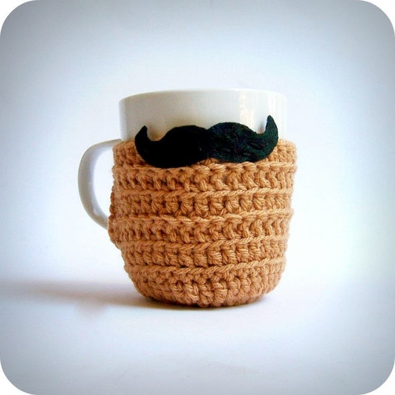 Funny coffee cozy mug tea cup black handlebar mustache crochet handmade tan nougat cozy cover