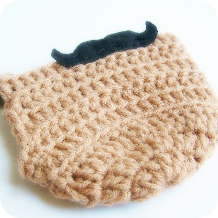 Funny coffee cozy mug tea cup black handlebar mustache crochet handmade tan nougat cozy cover