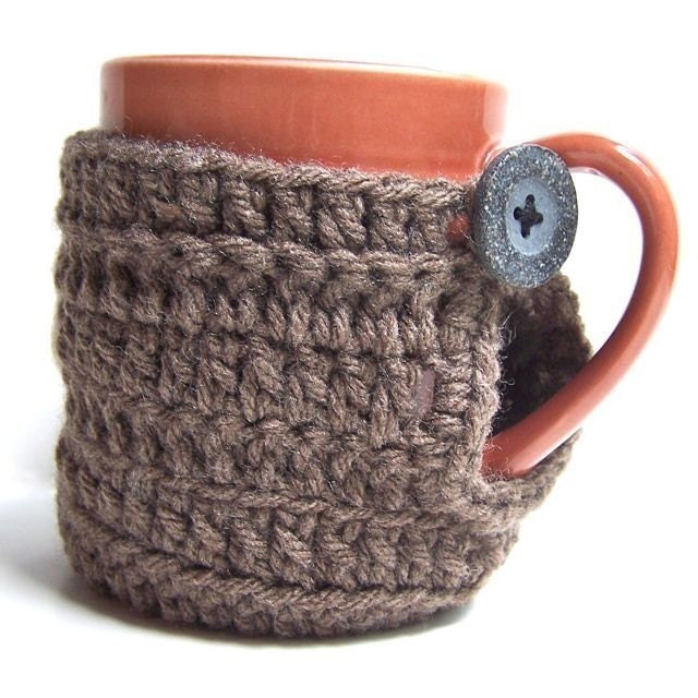 Funny Mug coffee tea cup cozy Cool Beans brown crochet handmade cover