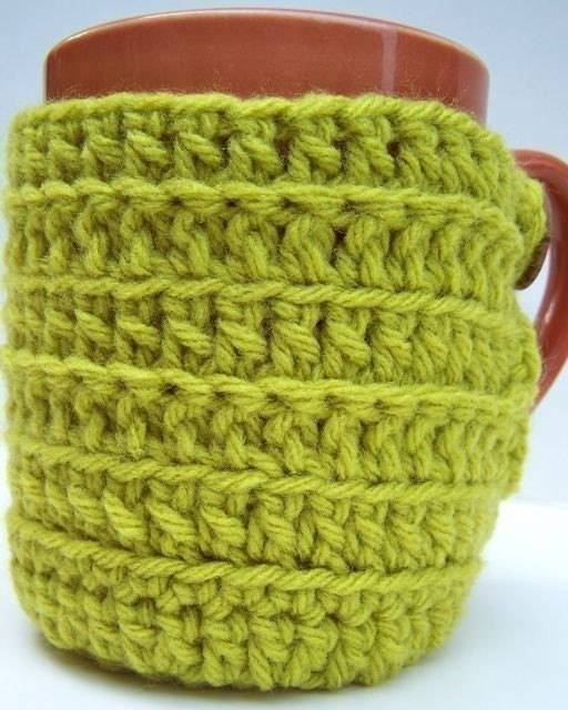 Coffee Mug Tea Cup Cozy Porn Stache chartreuse crochet cover