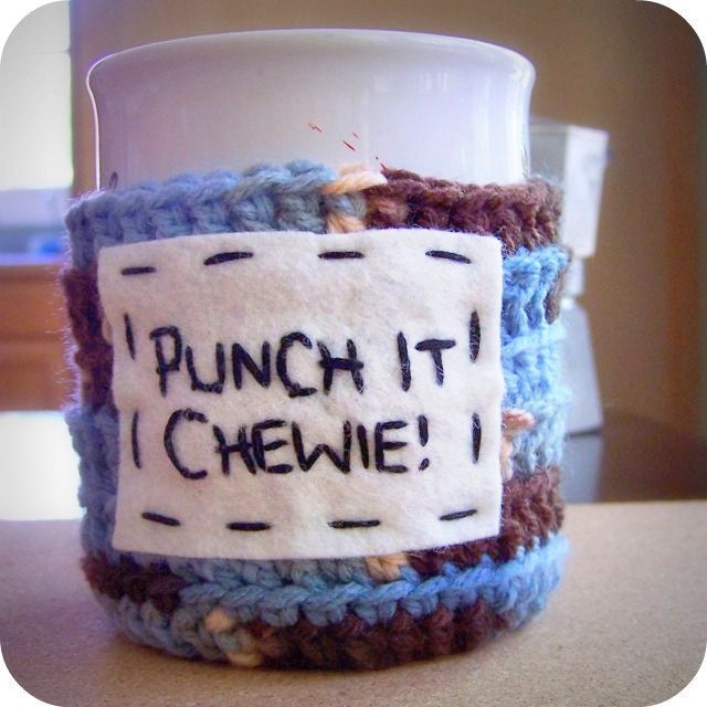 Funny coffee mug cozy tea cup Punch It Chewie blue brown crochet cover