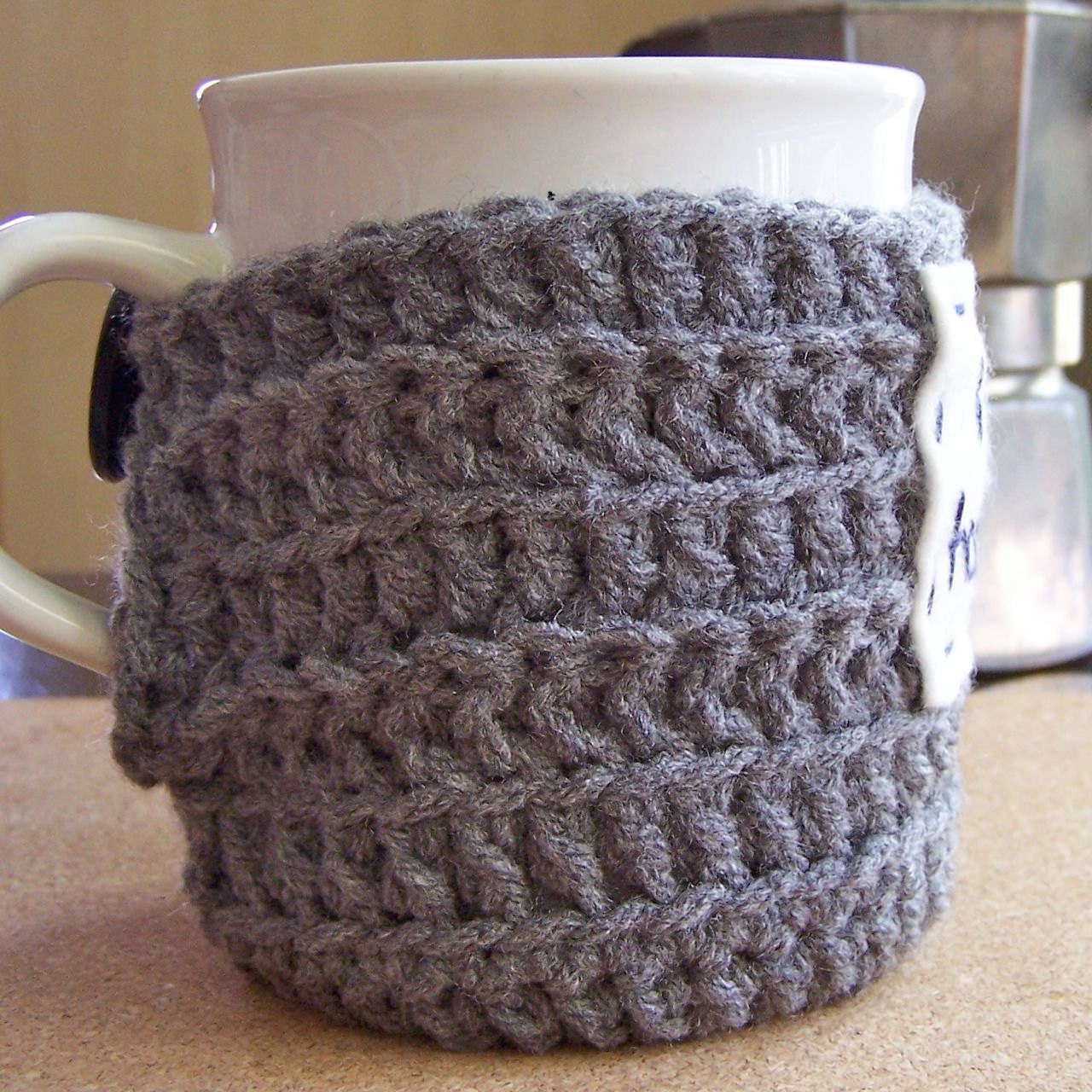 Funny Coffee Mug Cozy Tea Cup I just had sex gray blue crochet cover