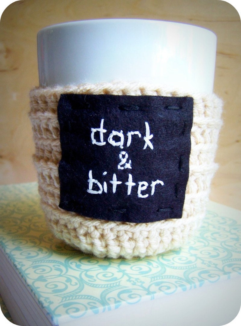 Funny Coffee Mug Cozy tea cup black cream crochet handmade cover
