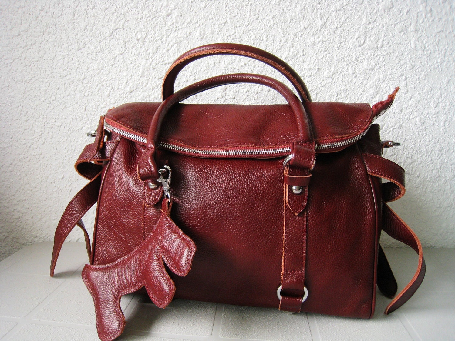 LAST ONE Leather handbag---Adeleshop clip on laptop messenger satchel purse shoulder cross body bag in Cherry Brown-brass hardware