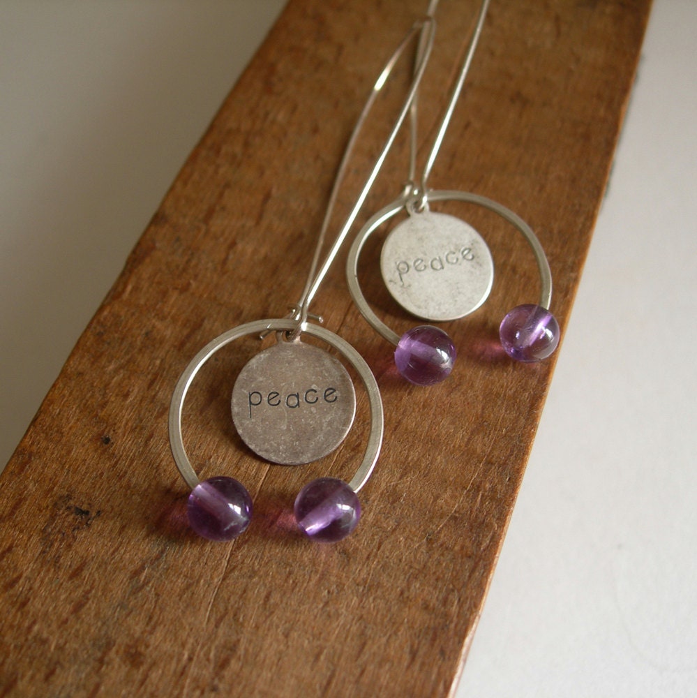 Long Silver Drop Earrings with Amethyst and Peace Charm