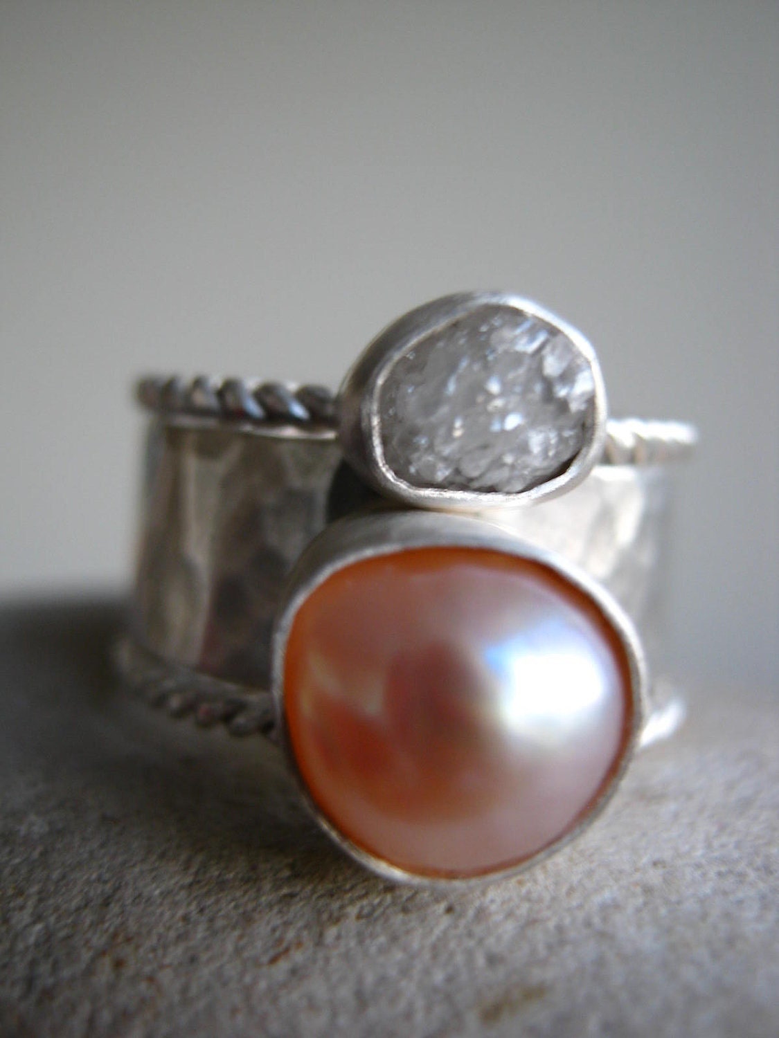 Rough Diamond, Rough Morganite and Natural Pearl Stack Ring Set - Engagement , Wedding