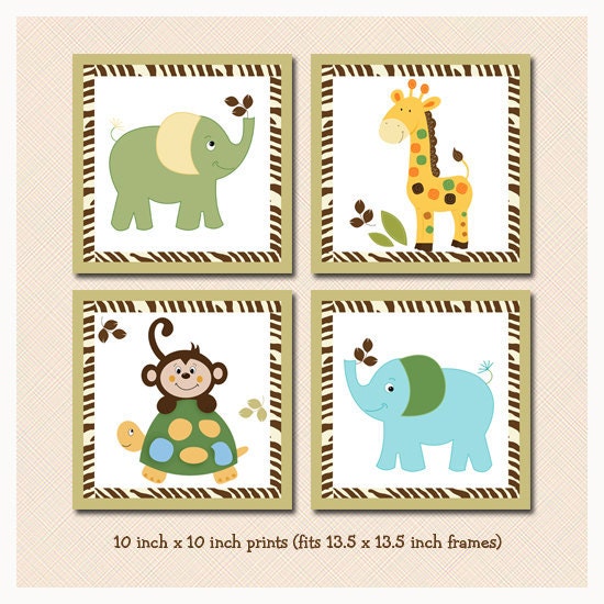 In the Jungle Nursery Set Art Prints, Set of Four 10x10 size prints to frame and decorate baby nursery
