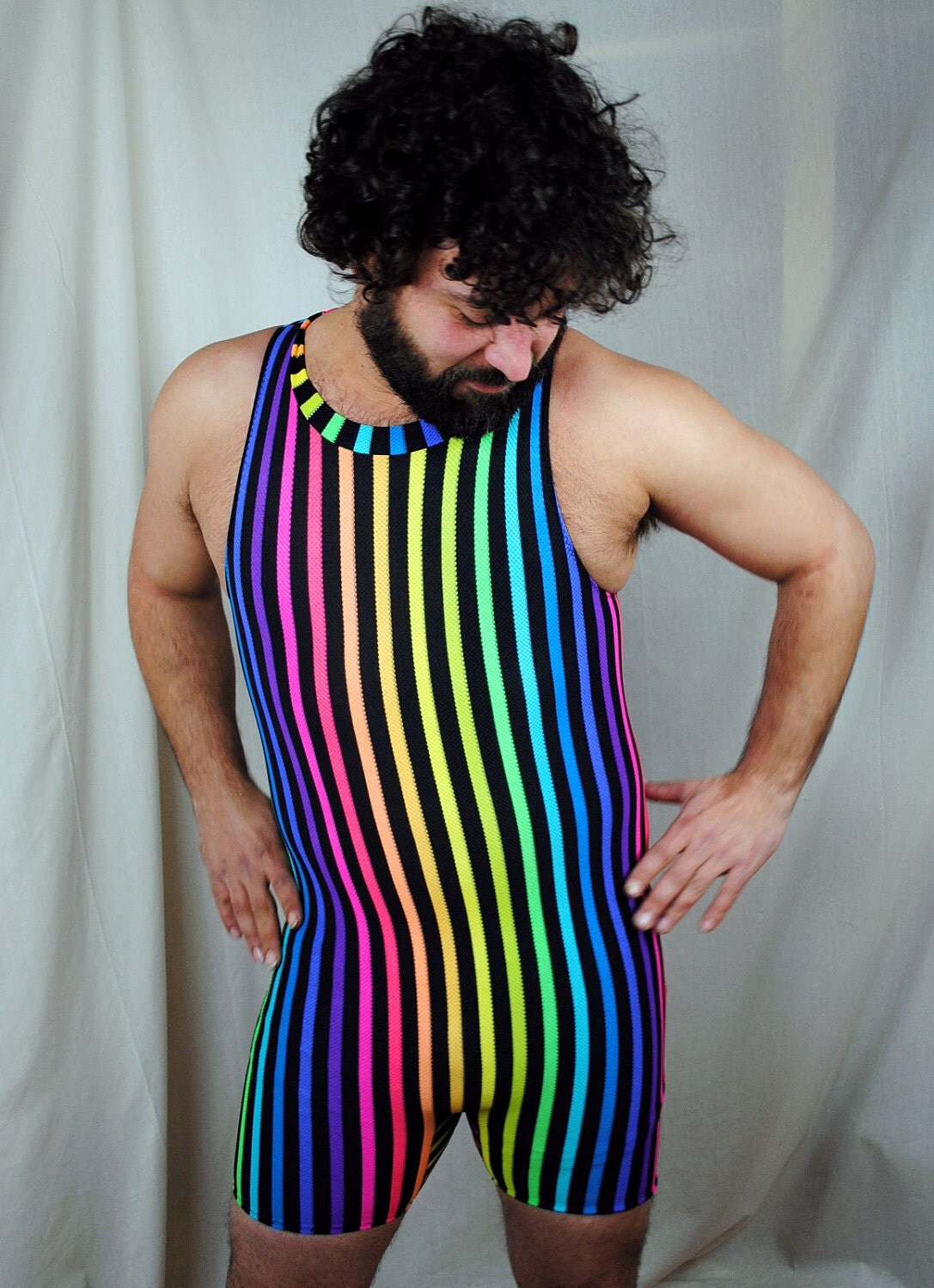 Vintage Rainbow Striped Spandex Leotard Unitard Bodysuit