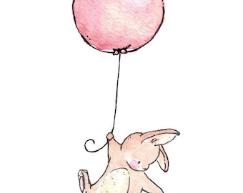 Children Art Print. Bunny Balloon. PRINT 8X10. Nursery Art Home Decor