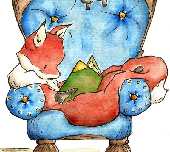 The Reading Chair and Friends. PRINT 5X7. Nursery Art Wall Decor