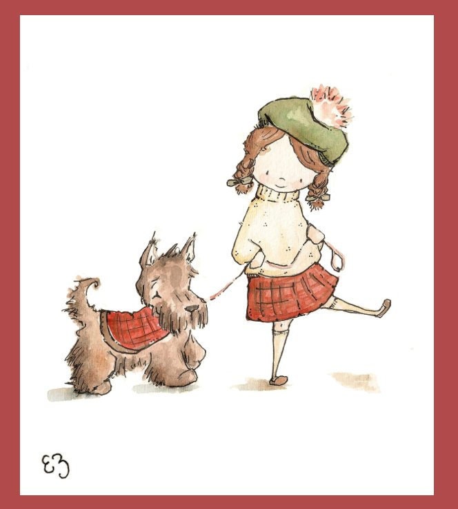 A Girl and Her Scottie Dog. PRINT 8X10. Nursery Art Home Decor