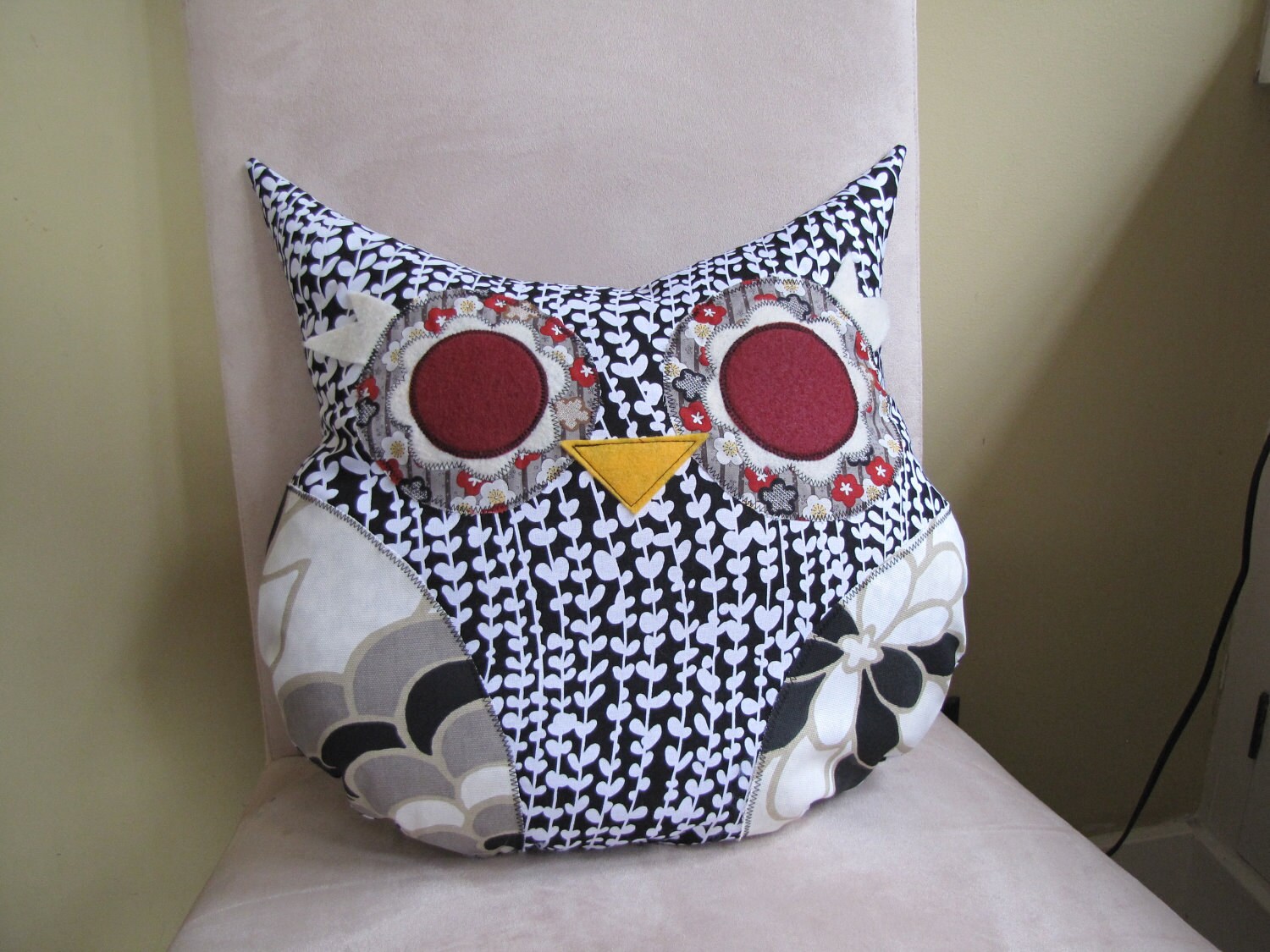 Owl Pillow Plush - Black Leaves - Ready to ship