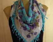 Spring -Summer 2013...Anatolian Cotton Gauze Scarf....Turquoise and Purple.Floral...Hottest Mediterranean Trend..