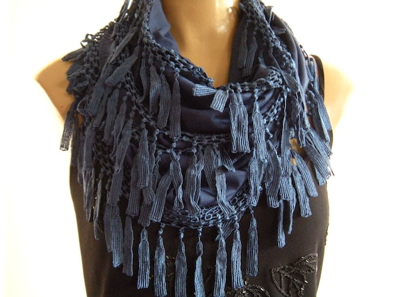 La Boheme..Navy Blue...laced and fringed Necklace/Infinity scarf. Love story.