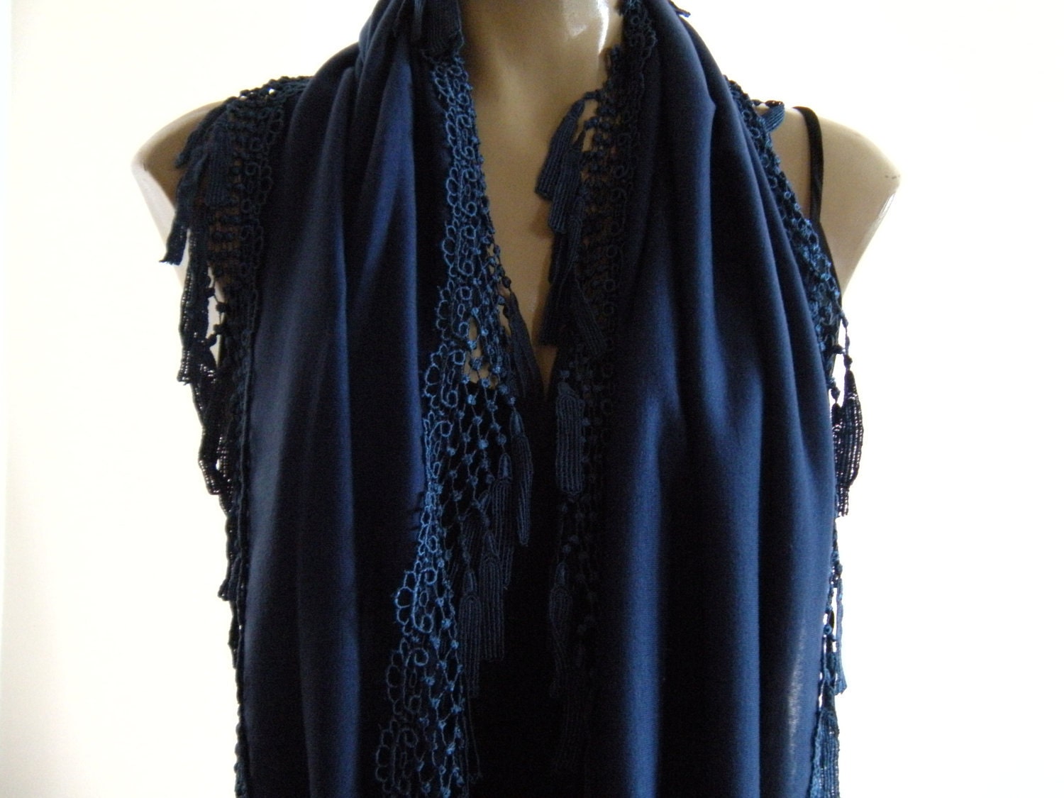 La Boheme..Navy Blue...laced and fringed Necklace/Infinity scarf. Love story.