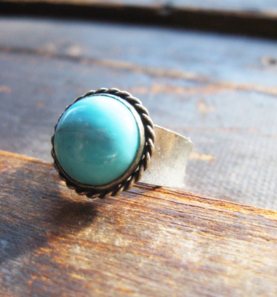 Turquoise and Silver Adjustable Band Ring - Vintage Upcycled Silver and Turquoise Ring - Eco Mother's Day