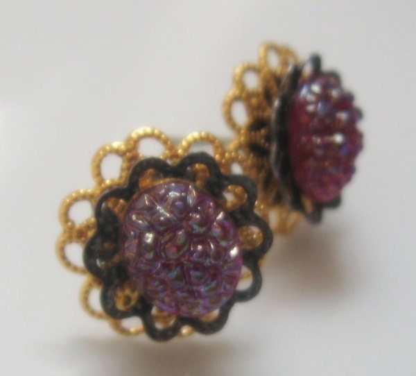 Vintage Plum Ruby Pebbled Glass and Filigree Post Earrings - Mother's Day Gift