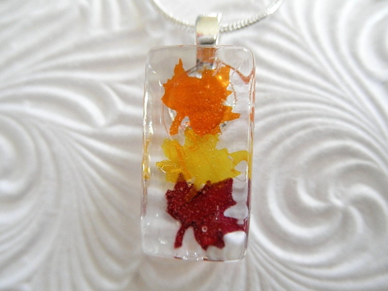 Falling Leaves-Glass Pendant With Miniature Maple Leaves Cut From Real Autumn Maple Leaves in Orange, Yellow and Burgundy-Symbol for Canada