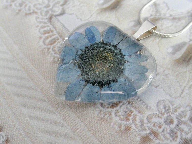 A True Blue Heart-He Loves Me, He Loves Me Not-Sky Blue Daisy Real Pressed Flower Glass Heart Pendant-Symbolizes Loyalty-Innocence