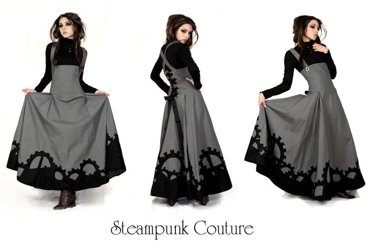 The Gearwerks dress by Steampunk Couture. Grey underbust dress and black high collar bib top Victorian gears